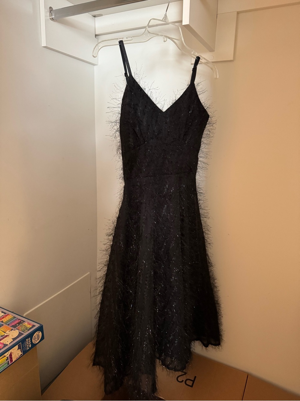 Black Feather-Trim A-Line Dress